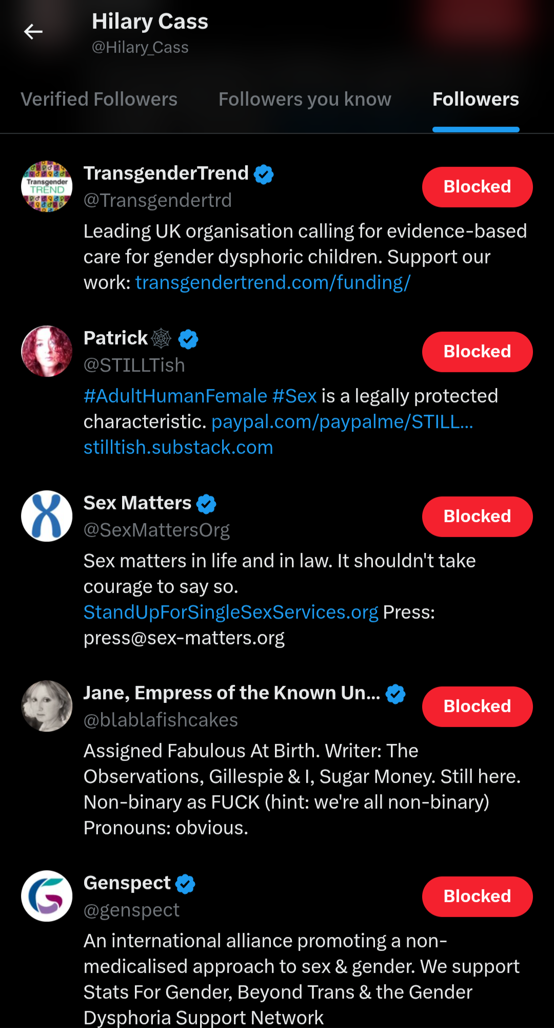 2025-03-20 17:36:12 Screenshot of her followers page showing she follows TransgenderTrend, Sex Matters, and Genspect as well as several explicitly gender critical individuals